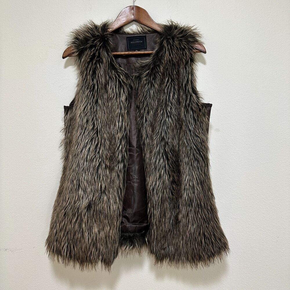 Miss London Faux Fur Vest Womens Large Brown Faux Leather Side Trim‎